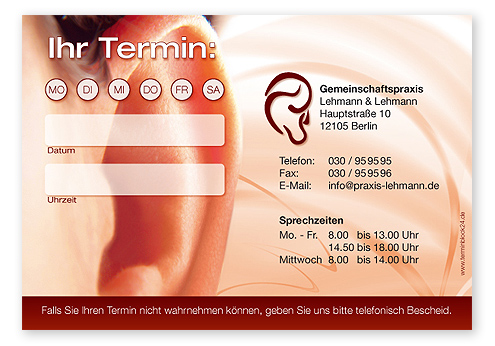 Terminzettel "hearing" - 1 Termin mit Wochentagen Terminzettel "hearing" - 1 Termin mit Wochentagen